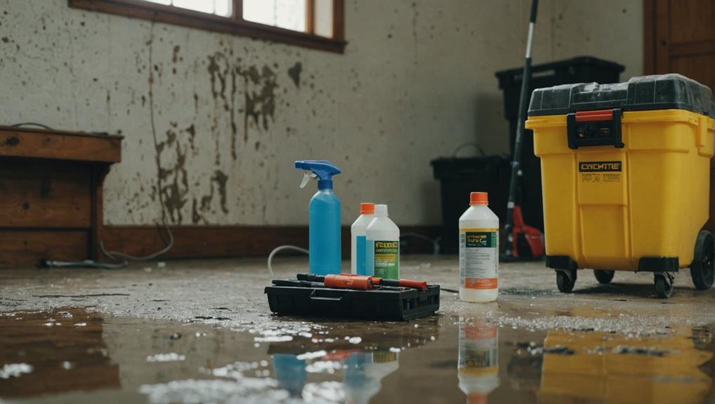 Water-damaged interior with pooled water on concrete floor, stained walls, and restoration tools