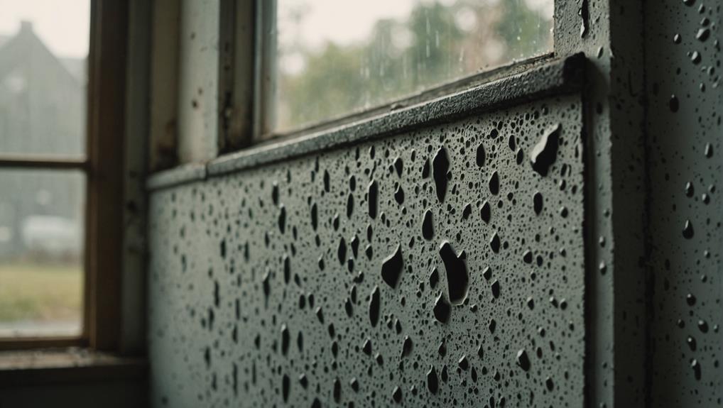 Close-up of water droplets on a damp interior wall near a window, highlighting moisture buildup