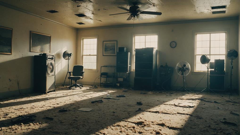 Abandoned room with severe water damage, peeling ceiling, and debris-strewn flooring